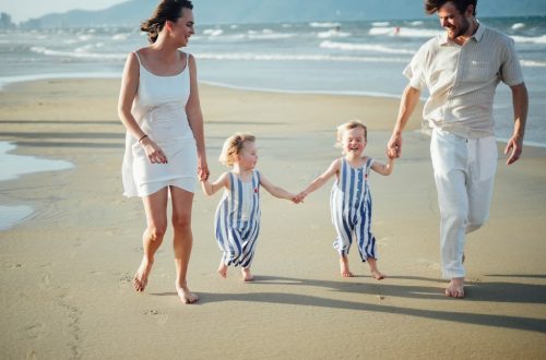 Family walking on a beach at sunset